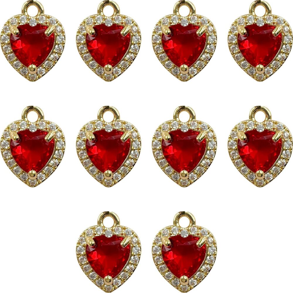 6944 10Pcs Heart Charms Red Crystal Around Zircon Rhinestone Single Layer